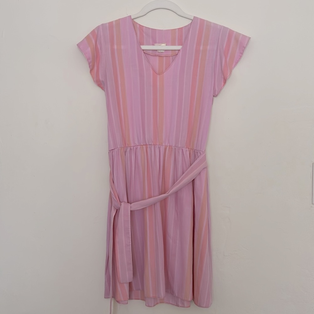 Pale pink striped cotton casual vintage 80's small mini dress
